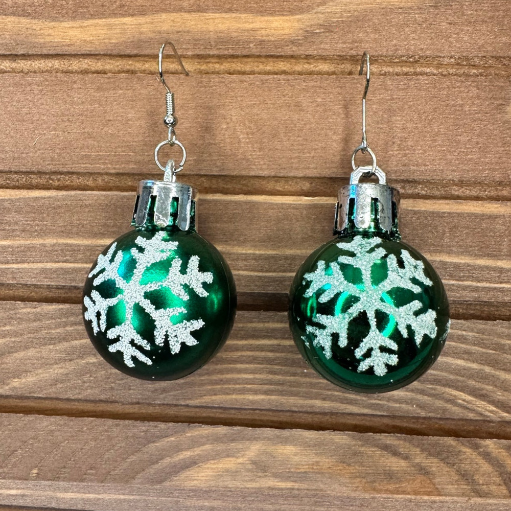 Green Christmas Ornament Earrings Retro Christmas Green Snowflake Earrings